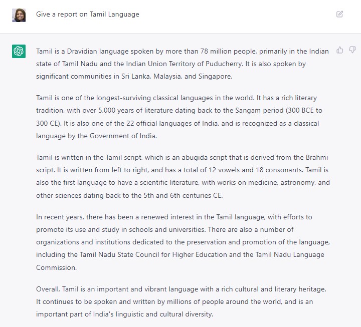 siragu OpenAI's ChatGPT-report on Tamil Language